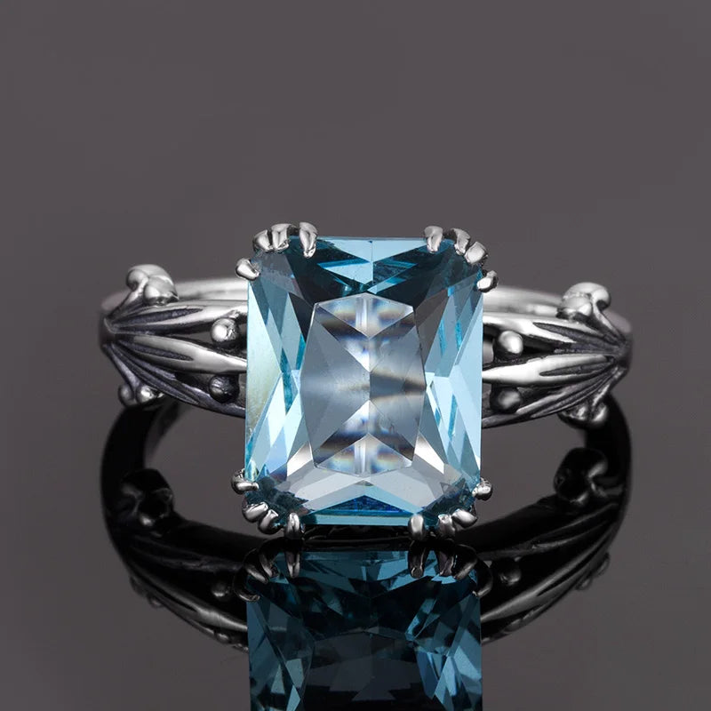 Aquamarine Rings Square Silver 925 Ring Vintage Ladies Rings Jewelry