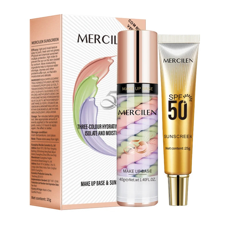 Mercilen Three-Color Isolation Makeup Primer Set, Containing Hyaluronic Acid, Plant-Derived Squalane, and Pearl Extract for Oil Control and Hydration, Minimizing Visible Pores, Providing Long-Lasting Hydration and a Radiant G