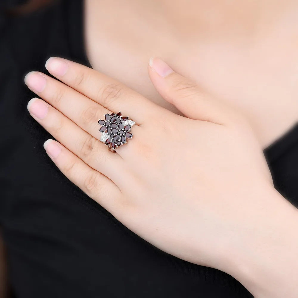 Hutang 5.26ct Cluster Garnet Women's Ring Solid 925 Sterling Silver Natural Red