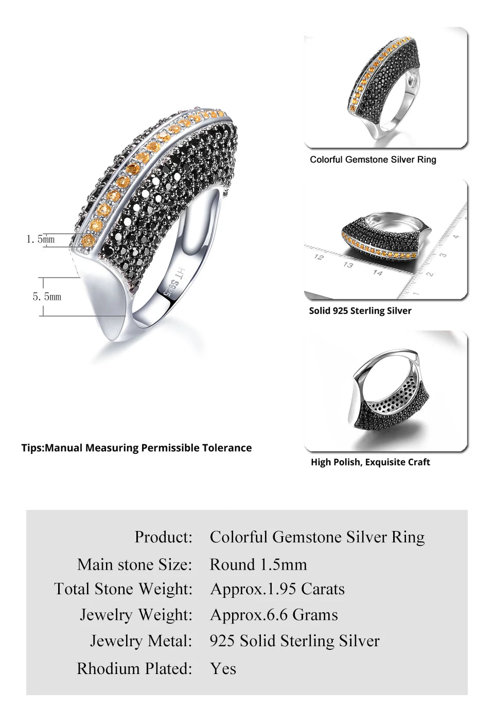 Natural Gemstone Citrine Black Spinel 925 Sterling Silver Unique Special Rings Wedding Rings  Style