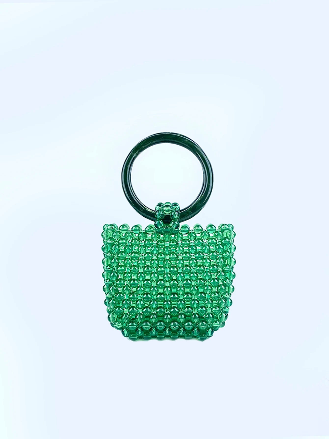 New retro handmade beaded bucket bag for women's spring and autumn woven fashionable green bead circular ring handbag