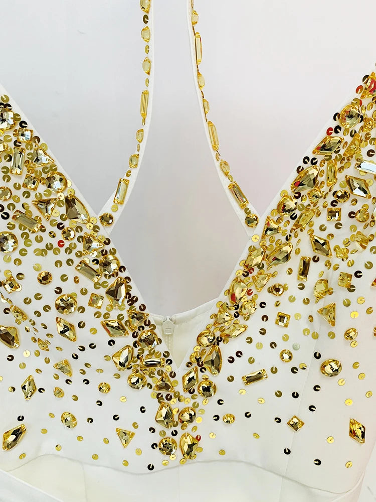 HIGH STREET Newest Fashion Summer Designer Women Spaghetti Strap Stunning Strass Stone Didmonds Beading Straight Jumpsuit
