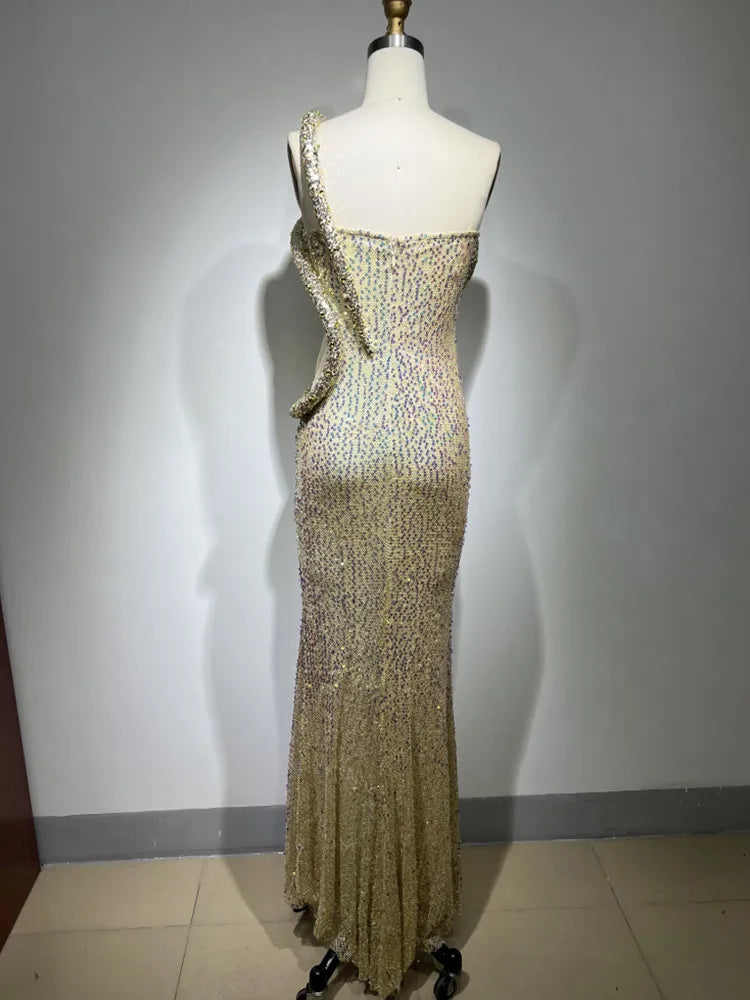 High Quality Women Sexy One Shoulder Shinning Sequins Bodycon Long Dress Fashion Elegant Evening Party