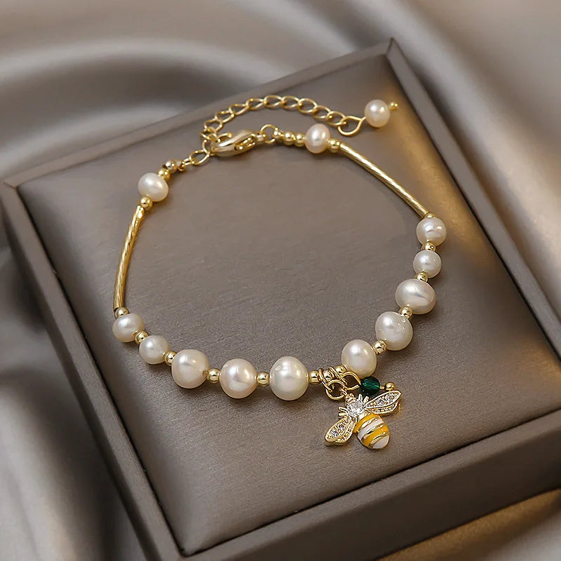 100% Natural Baroque Freshwater Pearl Sweet Honeybee Design 14K Gold Filled Charm Bracelet Jewelry