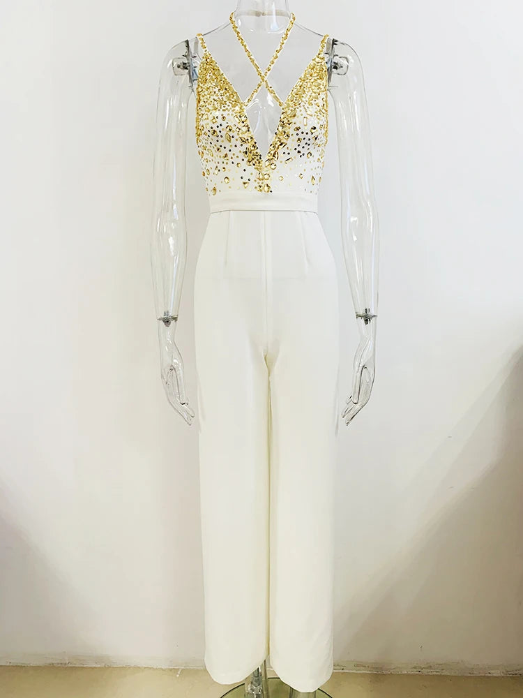 HIGH STREET Newest Fashion Summer Designer Women Spaghetti Strap Stunning Strass Stone Didmonds Beading Straight Jumpsuit