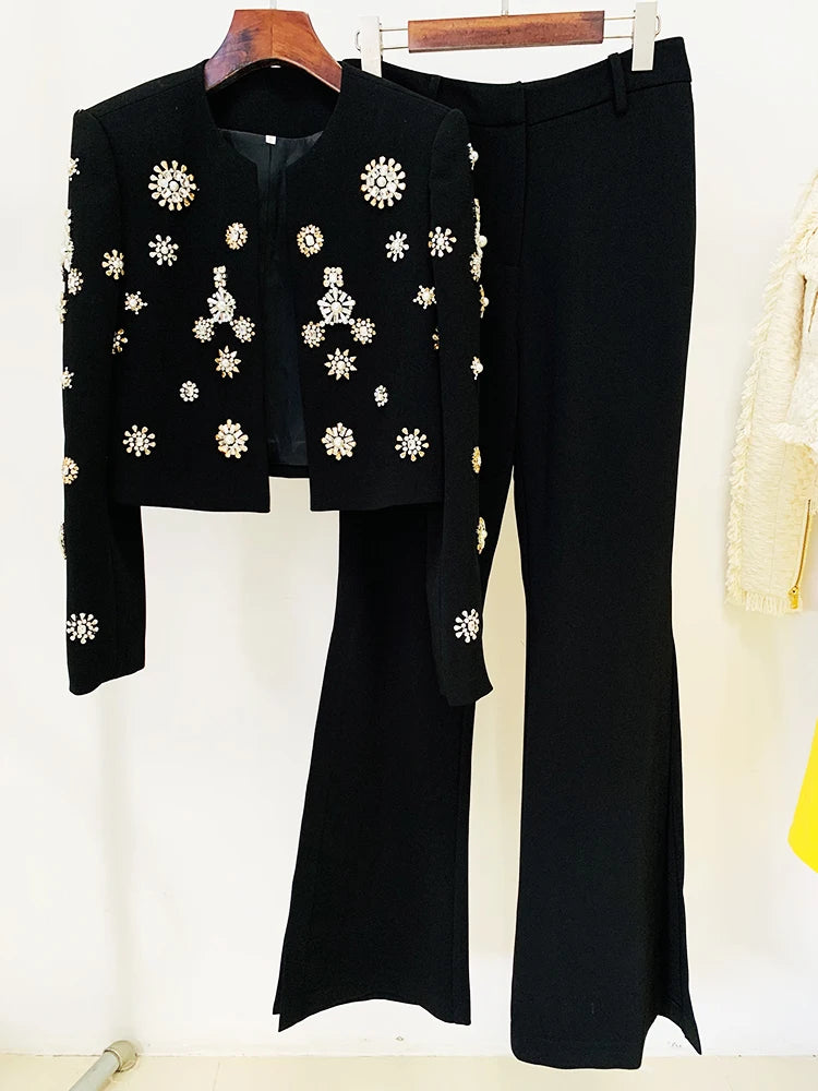 HIGH STREET  Fashion Designer Suit Set Women's Pearls Diamonds Rhinestone Beaded Trimed Jacket Flare Slit Pants Suit