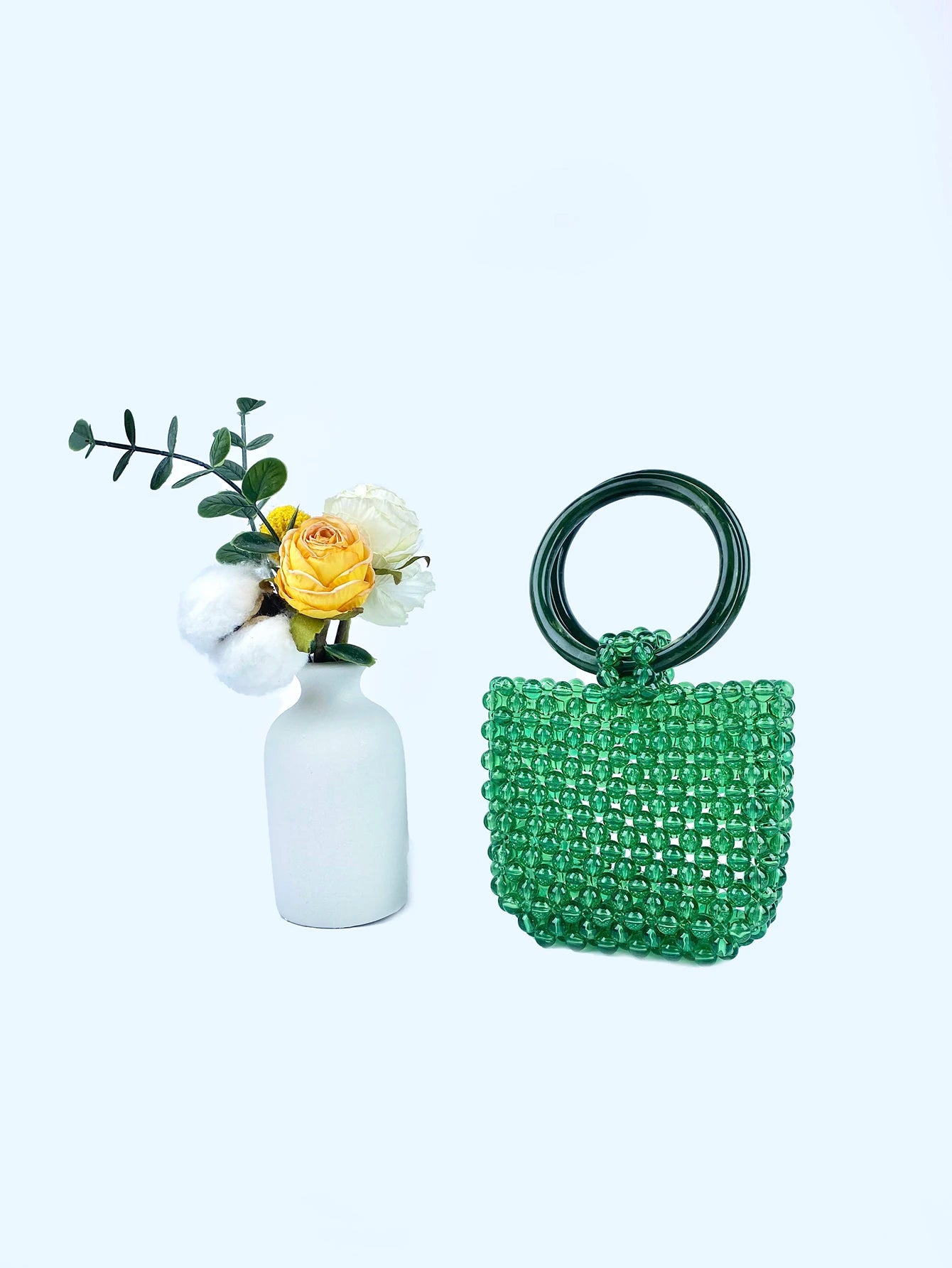 New retro handmade beaded bucket bag for women's spring and autumn woven fashionable green bead circular ring handbag