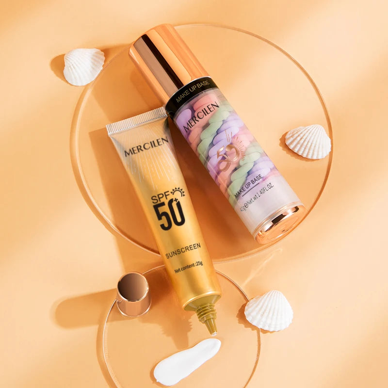 Mercilen Three-Color Isolation Makeup Primer Set, Containing Hyaluronic Acid, Plant-Derived Squalane, and Pearl Extract for Oil Control and Hydration, Minimizing Visible Pores, Providing Long-Lasting Hydration and a Radiant G