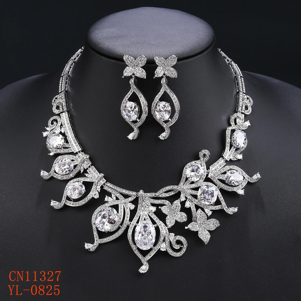 Luxury Cubic Zirconia Bridal Wedding Jewelry Set Ladies Party Leaves Necklace Earrings Set  CN11327