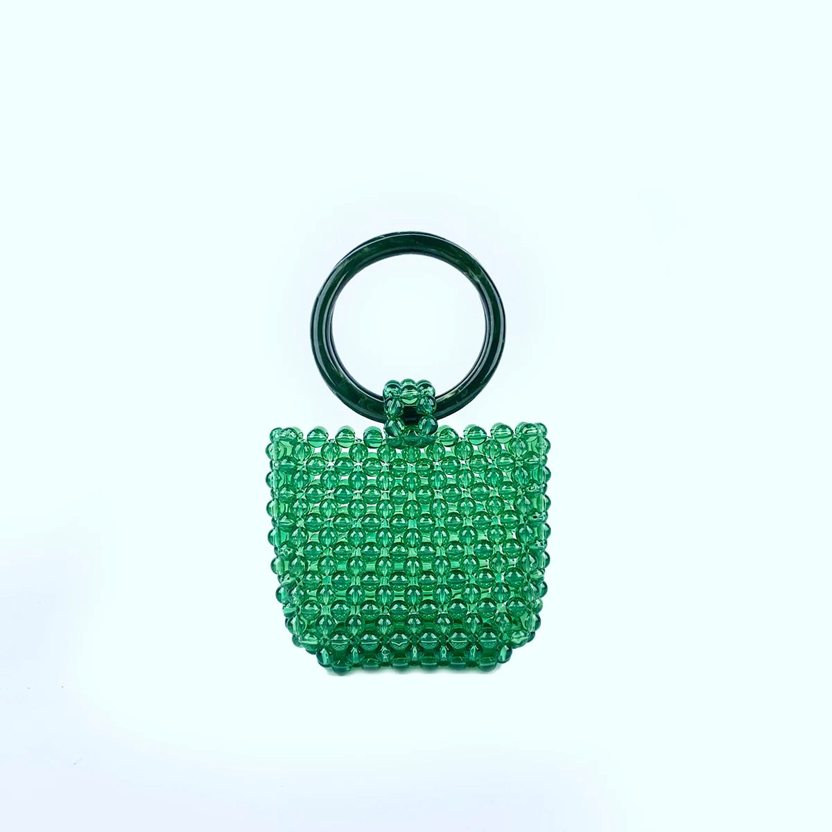 New retro handmade beaded bucket bag for women's spring and autumn woven fashionable green bead circular ring handbag