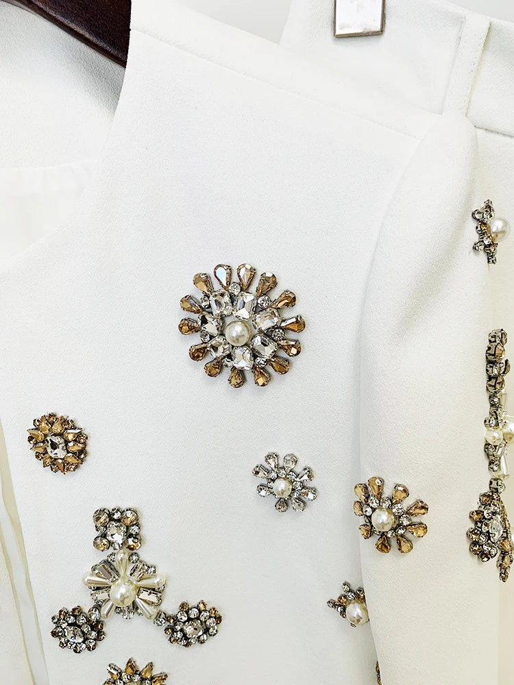 HIGH STREET  Fashion Designer Suit Set Women's Pearls Diamonds Rhinestone Beaded Trimed Jacket Flare Slit Pants Suit