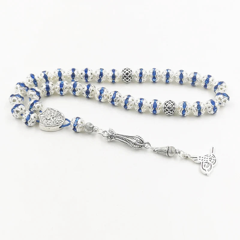 Women Tasbih Metal Silver Color Rosary Bead Inlaid Blue Crystal Black Crystal Muslim misbaha