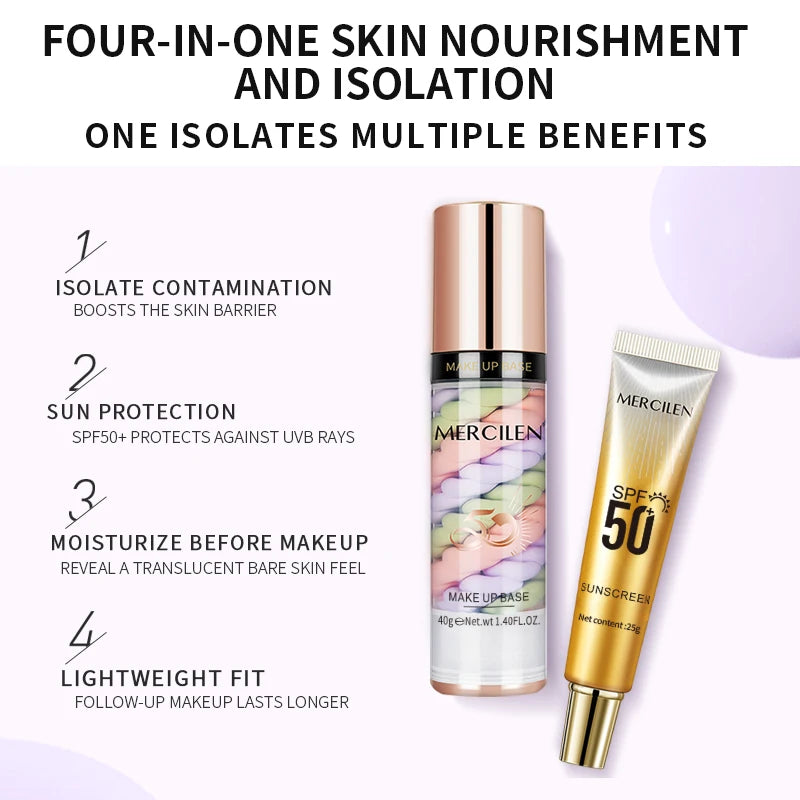 Mercilen Three-Color Isolation Makeup Primer Set, Containing Hyaluronic Acid, Plant-Derived Squalane, and Pearl Extract for Oil Control and Hydration, Minimizing Visible Pores, Providing Long-Lasting Hydration and a Radiant G