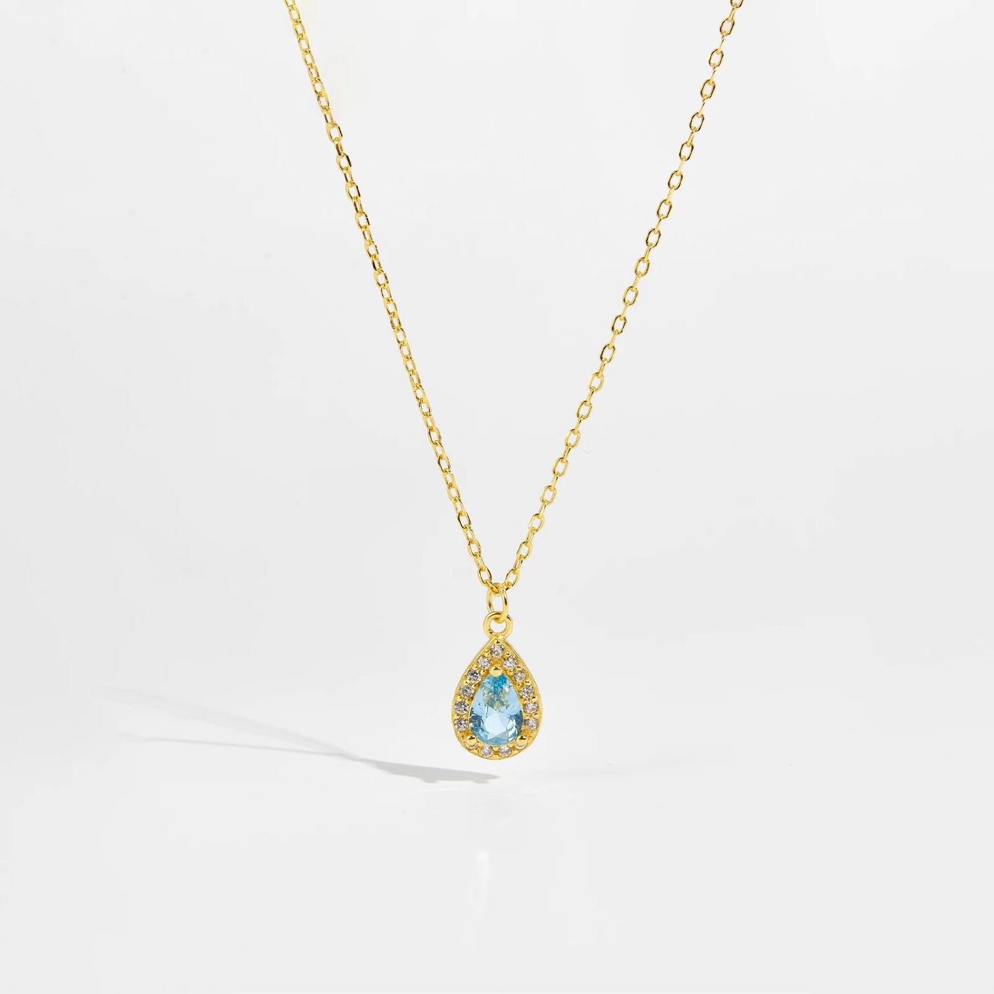 925 Sterling Silver Light Blue Water Drop Shape Pendant Teardrop Crystal Charm Necklace