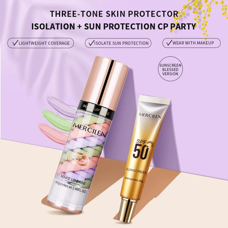 Mercilen Three-Color Isolation Makeup Primer Set, Containing Hyaluronic Acid, Plant-Derived Squalane, and Pearl Extract for Oil Control and Hydration, Minimizing Visible Pores, Providing Long-Lasting Hydration and a Radiant G
