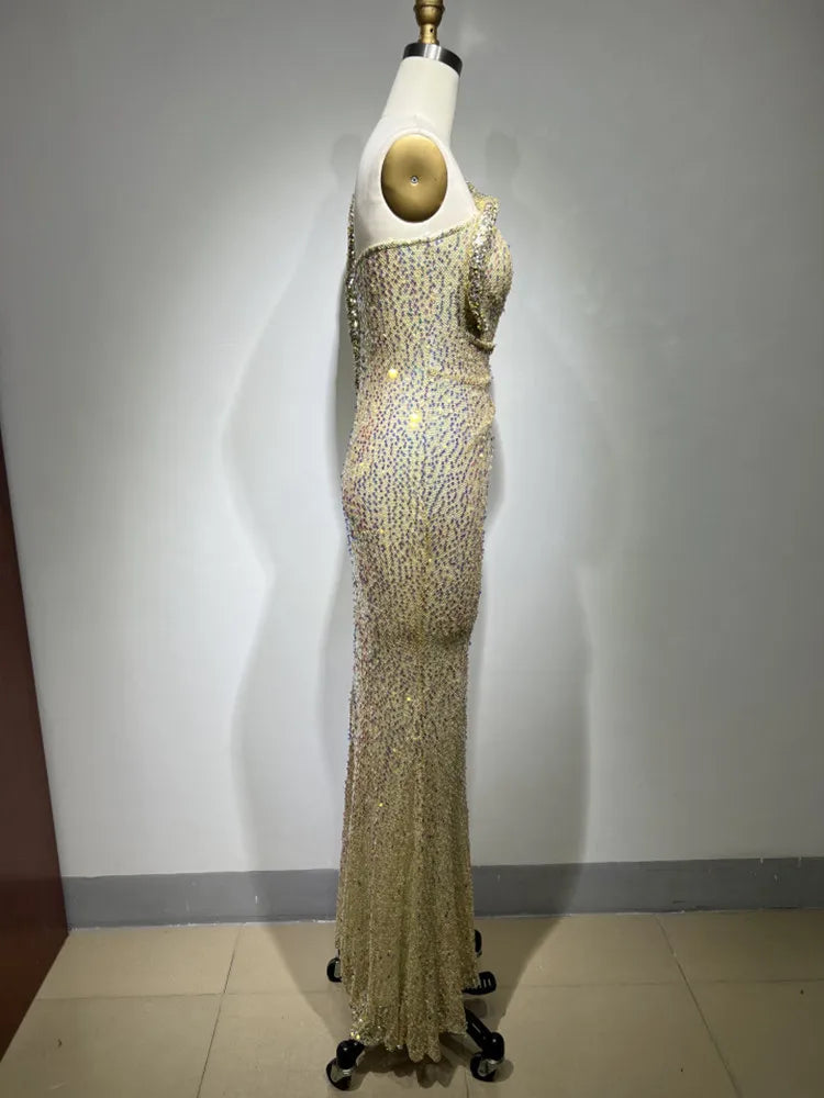 High Quality Women Sexy One Shoulder Shinning Sequins Bodycon Long Dress Fashion Elegant Evening Party