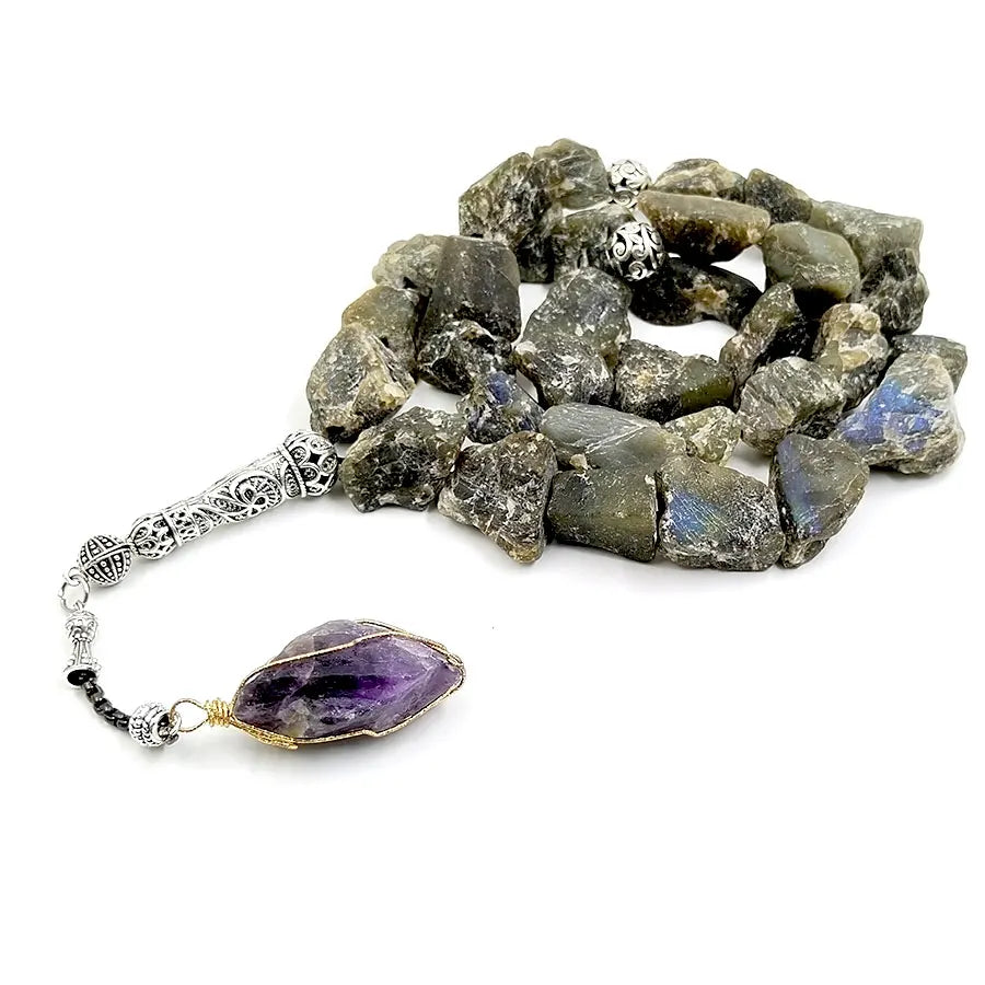 Tasbih Natural Labradorite Irregular rough stone with Amethyst Ramadan Eid Gift Collect art prayer beads fashion accessories