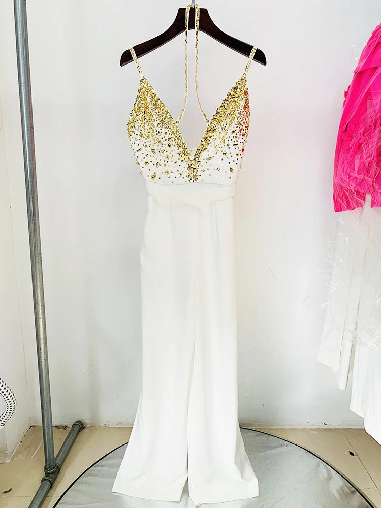 HIGH STREET Newest Fashion Summer Designer Women Spaghetti Strap Stunning Strass Stone Didmonds Beading Straight Jumpsuit