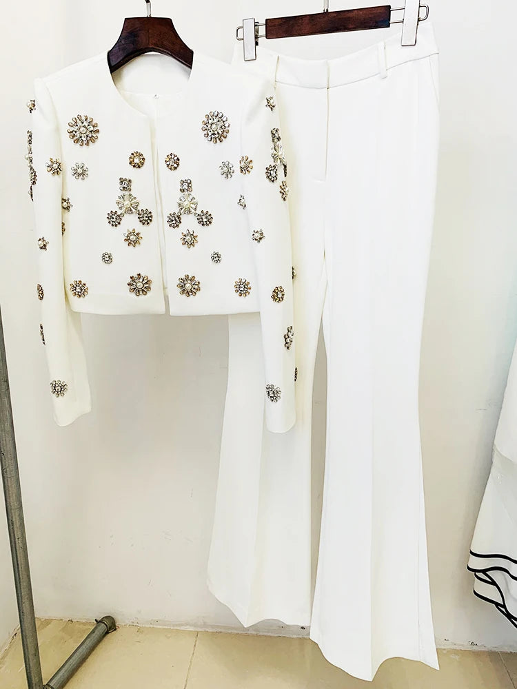 HIGH STREET  Fashion Designer Suit Set Women's Pearls Diamonds Rhinestone Beaded Trimed Jacket Flare Slit Pants Suit