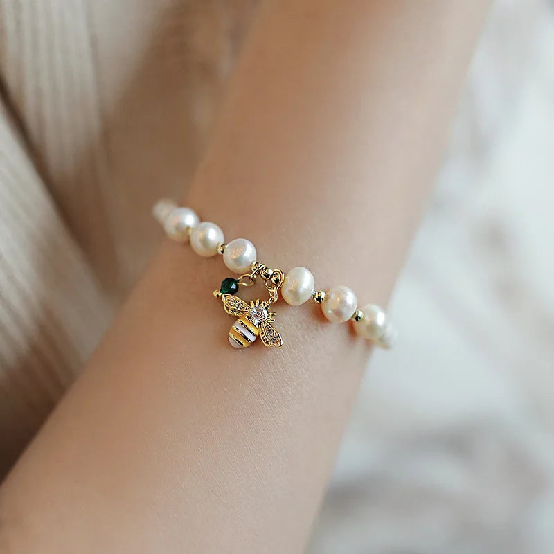 100% Natural Baroque Freshwater Pearl Sweet Honeybee Design 14K Gold Filled Charm Bracelet Jewelry