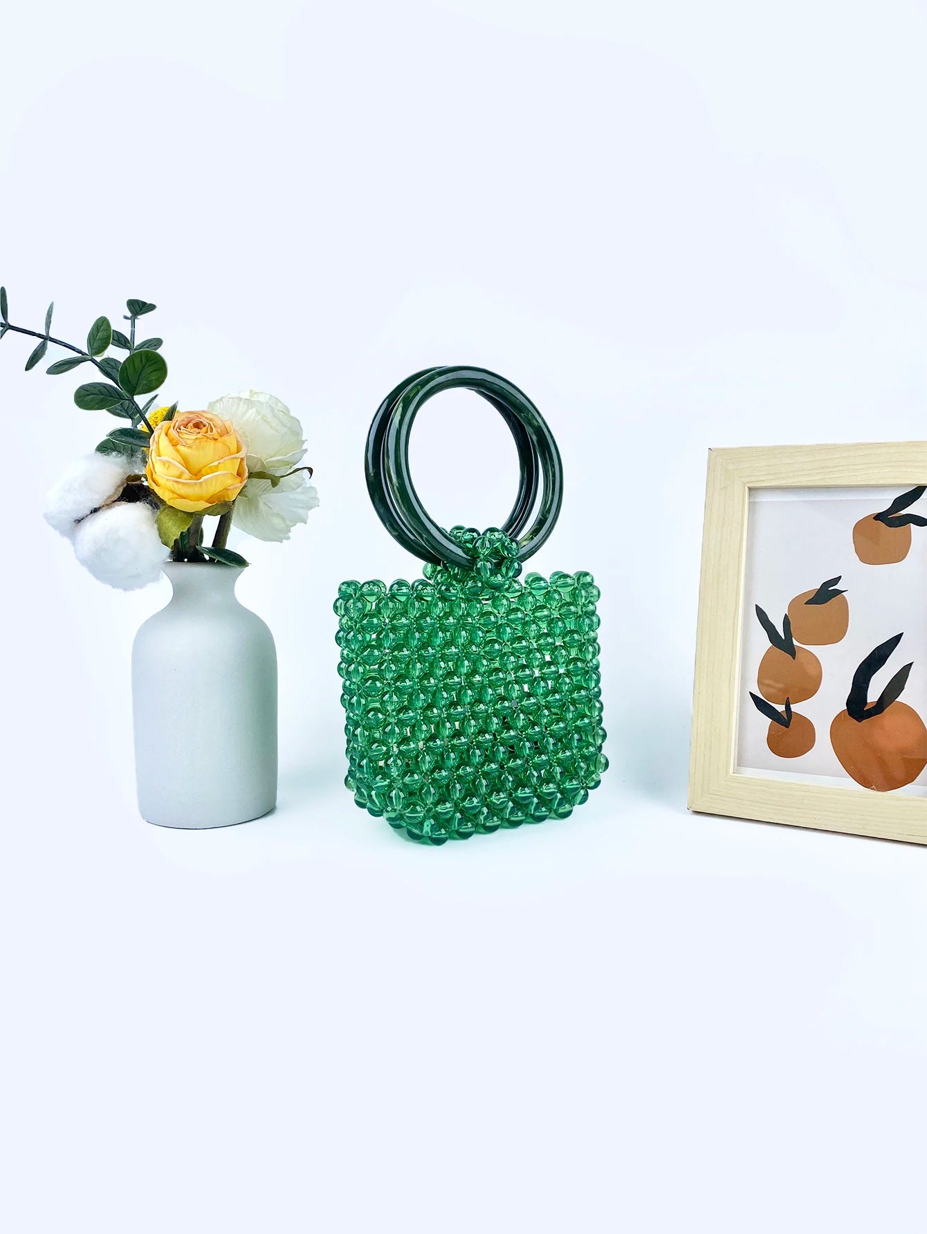 New retro handmade beaded bucket bag for women's spring and autumn woven fashionable green bead circular ring handbag