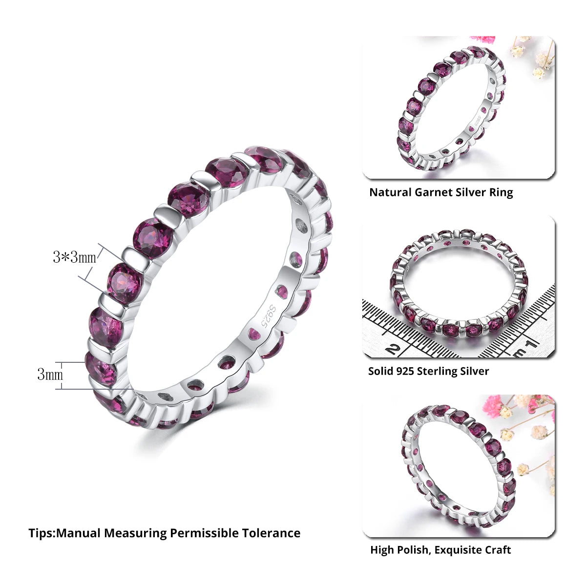 Natural Rhodolite Garnet Solid Sterling Silver Rings 2.5 Carats Genuine Gemstone Romantic Lovely Fine Jewelry Design Daily Gifts