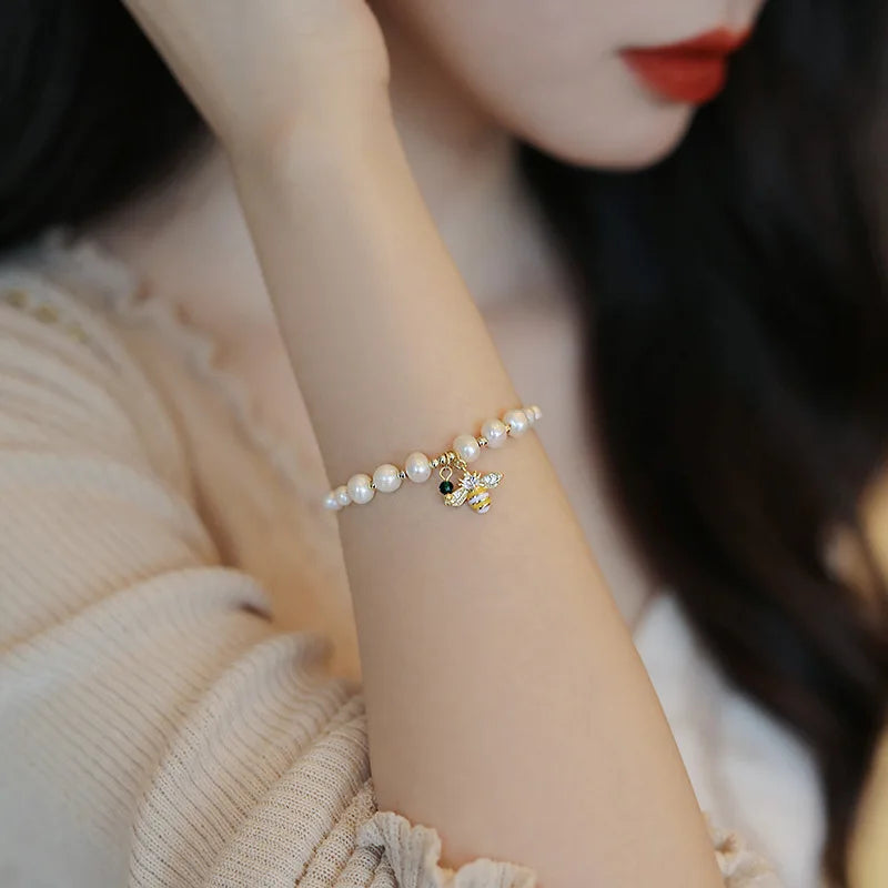 100% Natural Baroque Freshwater Pearl Sweet Honeybee Design 14K Gold Filled Charm Bracelet Jewelry