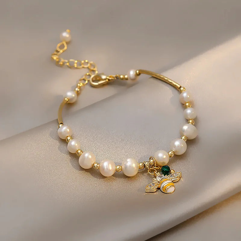 100% Natural Baroque Freshwater Pearl Sweet Honeybee Design 14K Gold Filled Charm Bracelet Jewelry