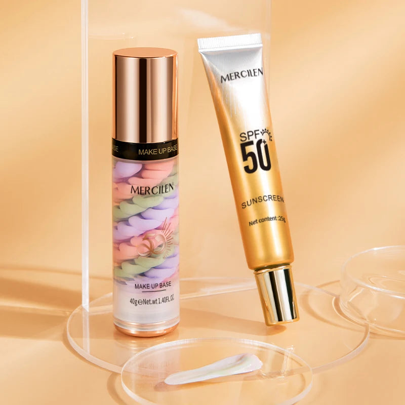 Mercilen Three-Color Isolation Makeup Primer Set, Containing Hyaluronic Acid, Plant-Derived Squalane, and Pearl Extract for Oil Control and Hydration, Minimizing Visible Pores, Providing Long-Lasting Hydration and a Radiant G