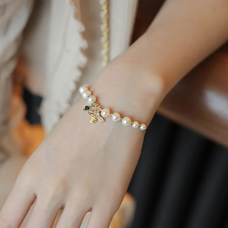 100% Natural Baroque Freshwater Pearl Sweet Honeybee Design 14K Gold Filled Charm Bracelet Jewelry