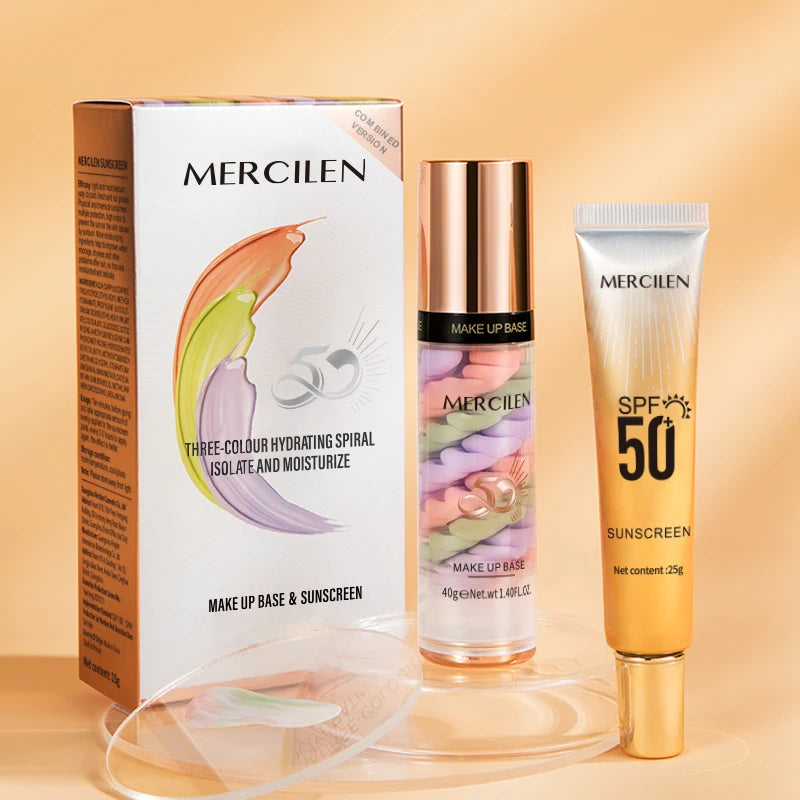 Mercilen Three-Color Isolation Makeup Primer Set, Containing Hyaluronic Acid, Plant-Derived Squalane, and Pearl Extract for Oil Control and Hydration, Minimizing Visible Pores, Providing Long-Lasting Hydration and a Radiant G