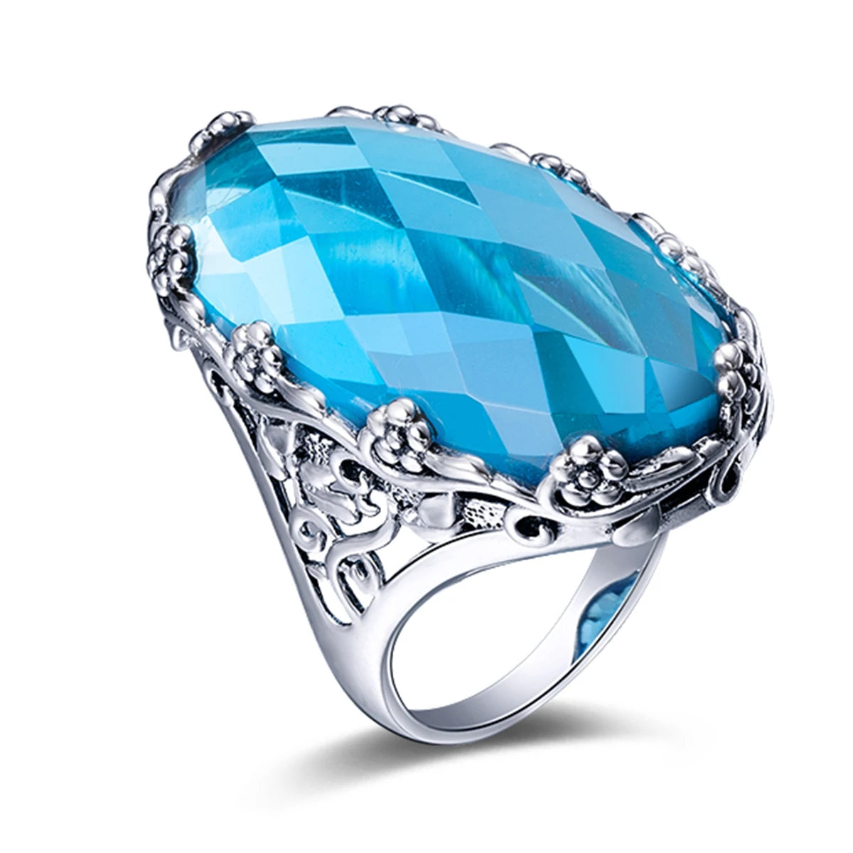 Green Stone Crystal Ring Big Stone Flower Pure 925  Sterling Silver Ring Classic Vintage Jewelry