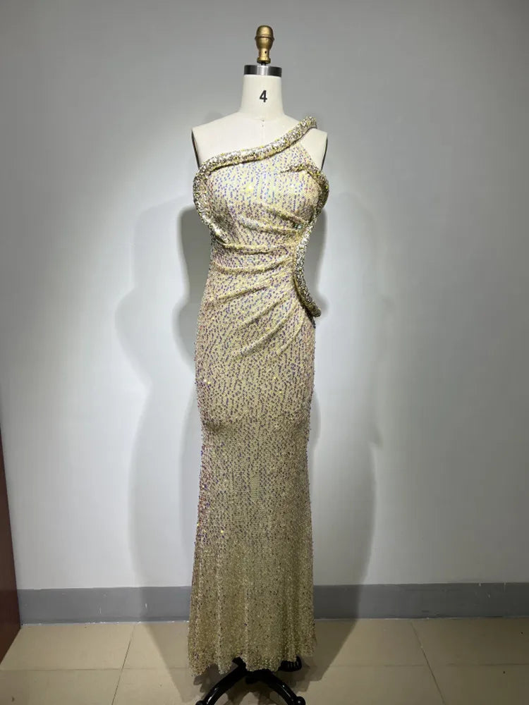 High Quality Women Sexy One Shoulder Shinning Sequins Bodycon Long Dress Fashion Elegant Evening Party