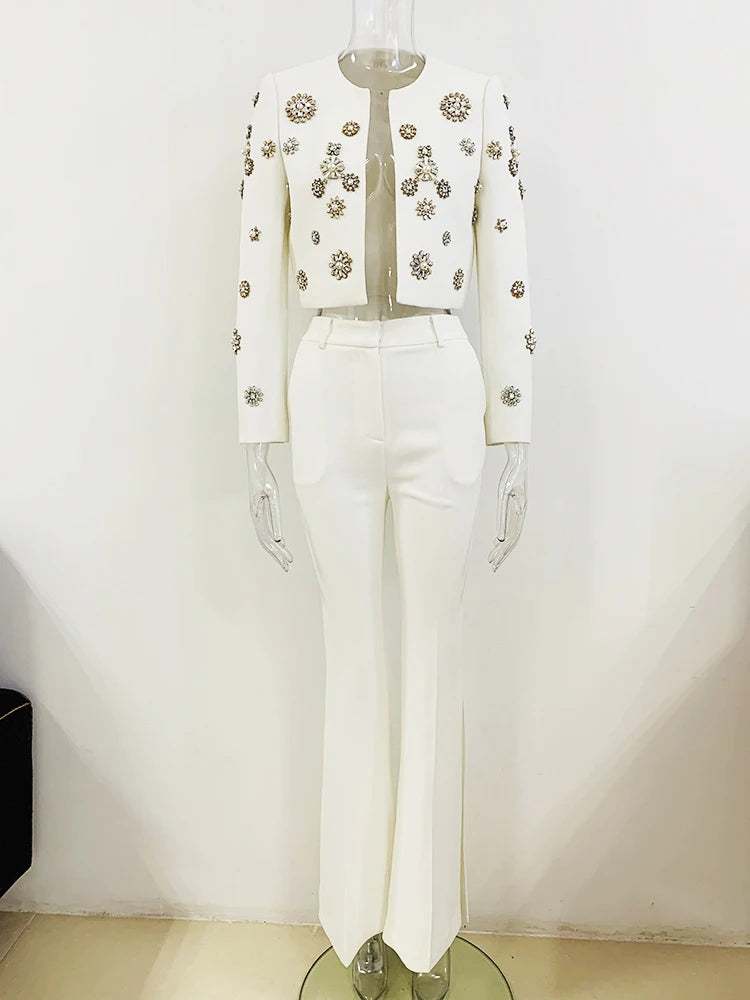 HIGH STREET  Fashion Designer Suit Set Women's Pearls Diamonds Rhinestone Beaded Trimed Jacket Flare Slit Pants Suit
