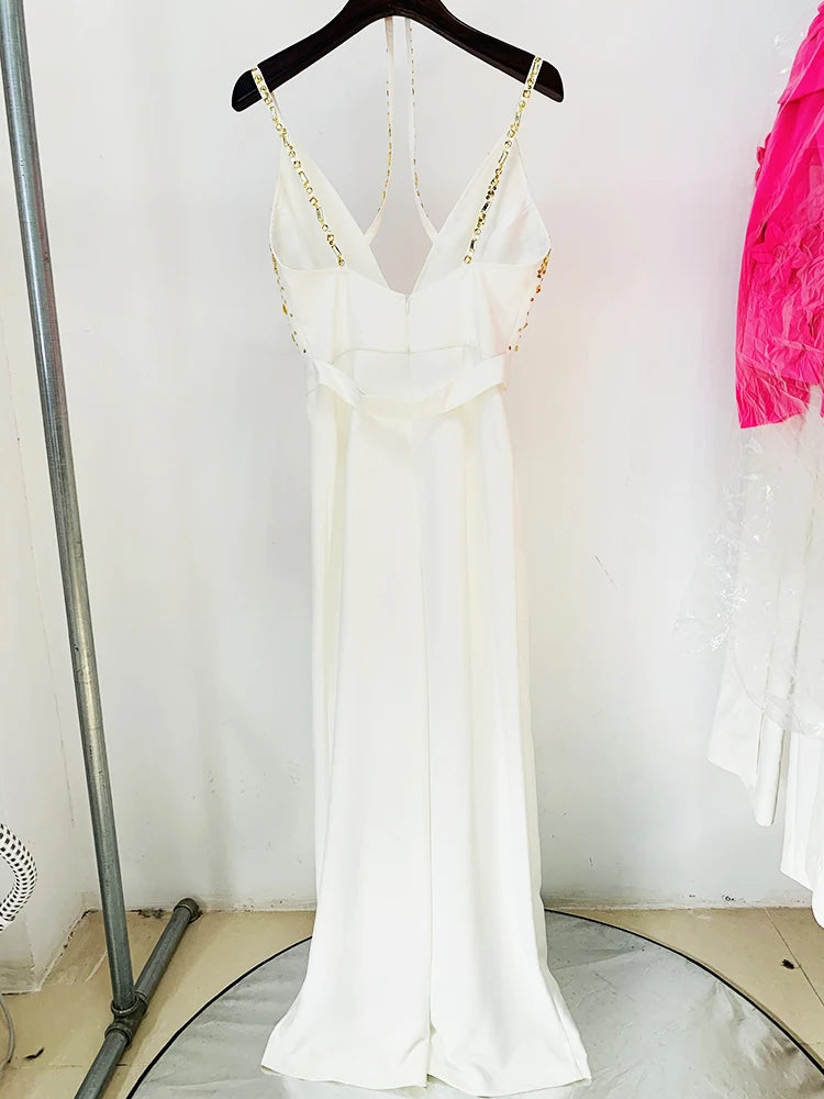 HIGH STREET Newest Fashion Summer Designer Women Spaghetti Strap Stunning Strass Stone Didmonds Beading Straight Jumpsuit
