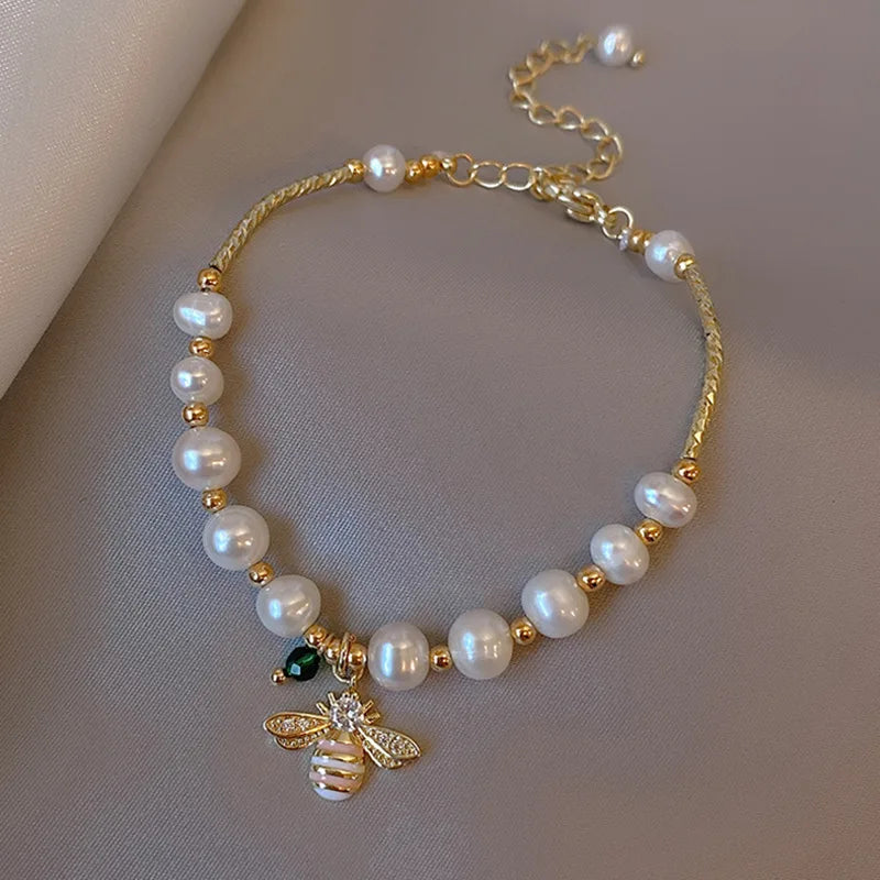 100% Natural Baroque Freshwater Pearl Sweet Honeybee Design 14K Gold Filled Charm Bracelet Jewelry